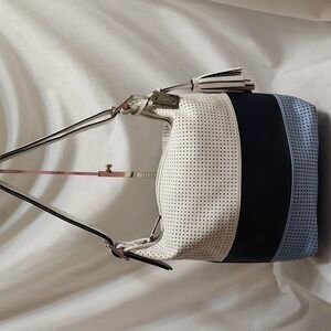 Coach Legacy Perforated Leather Dark Navy Multicolor Striped Duffle Shoulder Bag